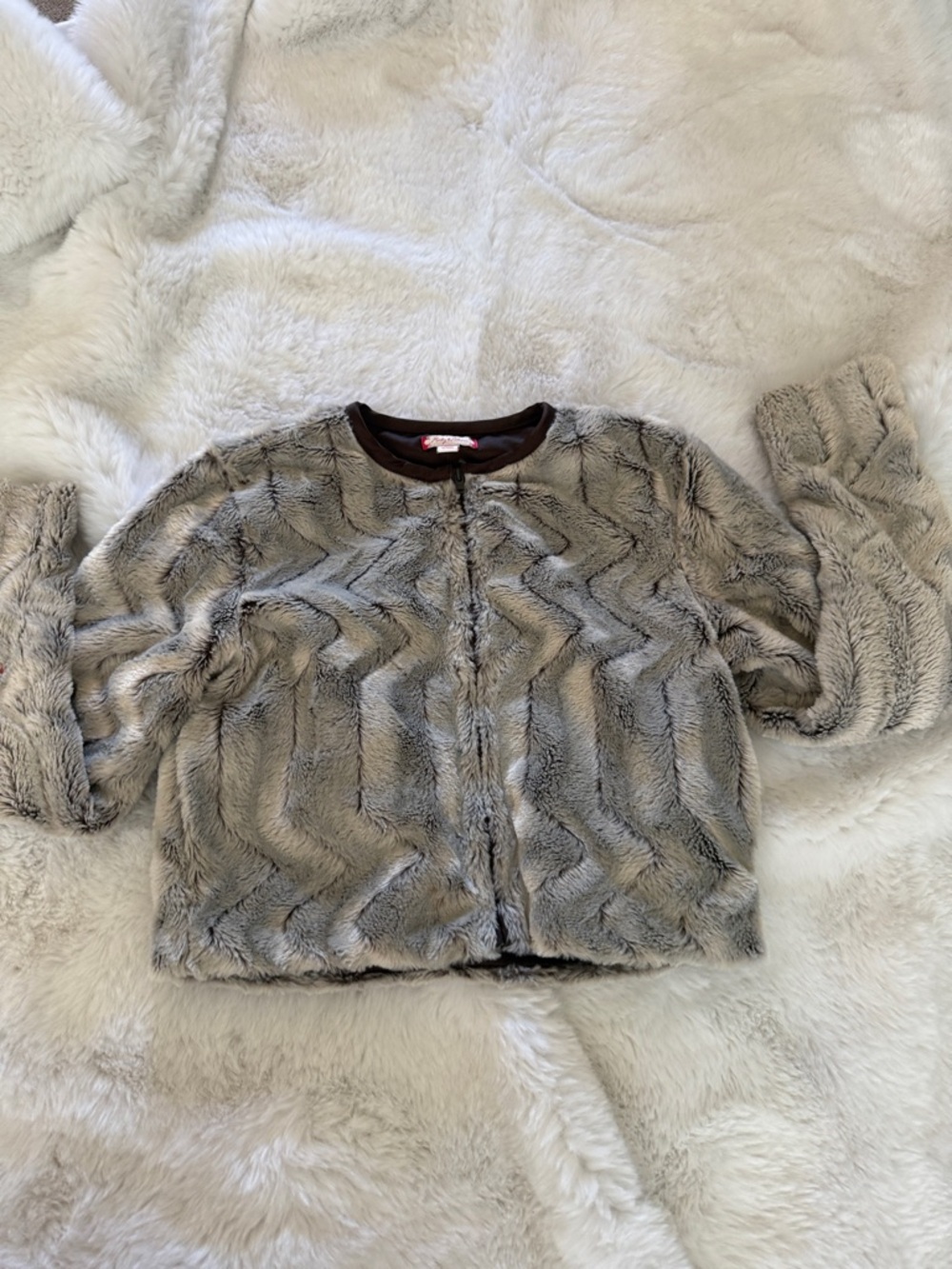 ruby & bloom Cream Faux Fur Jacket with Brown Trim